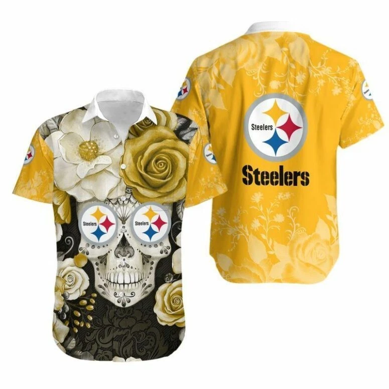 Pittsburgh Steeler Floral Skull Hawaiian, Gift For Friends