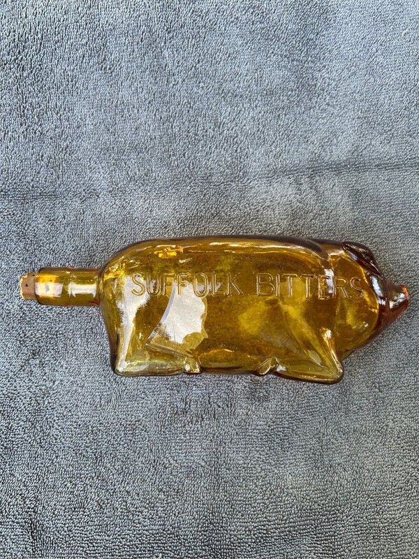 Vintage Reproduction c. 1970’s Suffolk Bitters Brown Pig Shaped Bottle