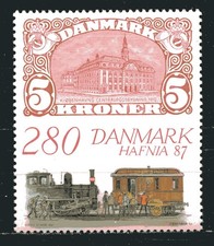 DENMARK 1987, STAMP ON STAMP, LOCOMOTIVE, Scott 843, MNH