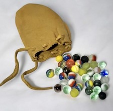Mixed Lot Of 37 Vintage Marbles In Leather Drawstring Pouch