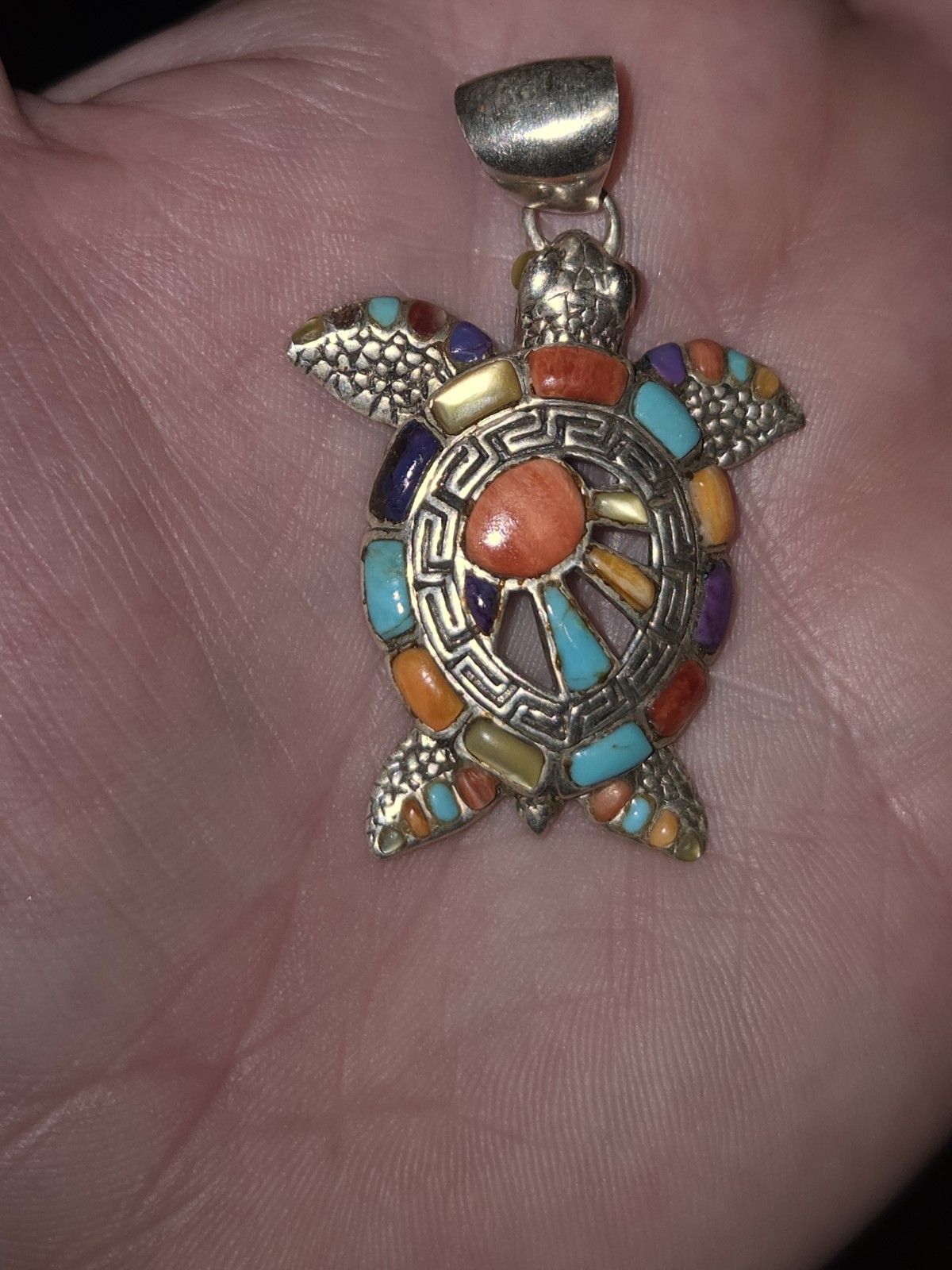 Sterling Silver Multi Gemstone TURTLE Pendant - image 1