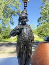 Vintage Maitland Smith Verdigris Bronze Patina Clown Lamp Leather Shade 30” RARE