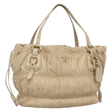 PRADA Gathered Tote Bag Leather Beige Gold Auth yk19088