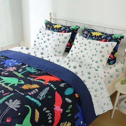 Kids Boys Comforter Set Size 7 Piece Bed in a Bag Colorful Dino Full Dinosaur - Image 2 of 4
