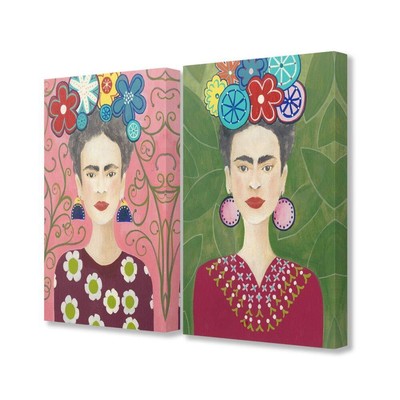 Frida Fashion Designer Pattern Pink Green Painting Canvas Wall Art, 2pc, Each...
