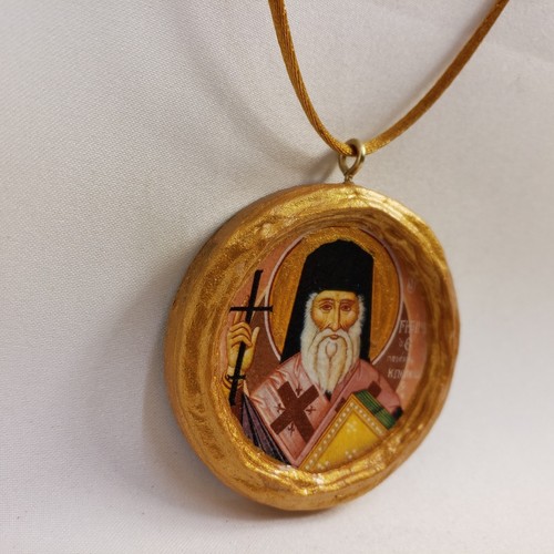 Saint Gregory of Constantinople Gregorio Miniature Round Byzantine Icon on Wood - Picture 8 of 10