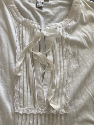 Alfani sz L Sleep Top White 100% Cotton long sleeve tie neck pleated lace trim - Picture 7 of 11