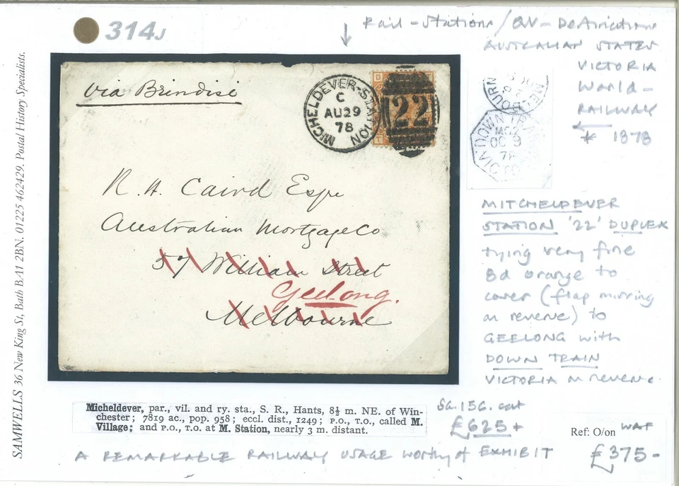 GB SG.156 Cubierta Hants *Estación Micheldever* FERROCARRIL DÚPLEX Australia 1878 314j Foto 3 de 4