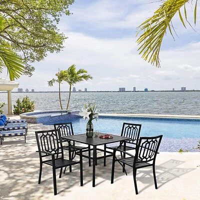 PHI VILLA Table & Chairs Set of 5 Metal Patio Outdoor Dining Garden Table Stackable Chair