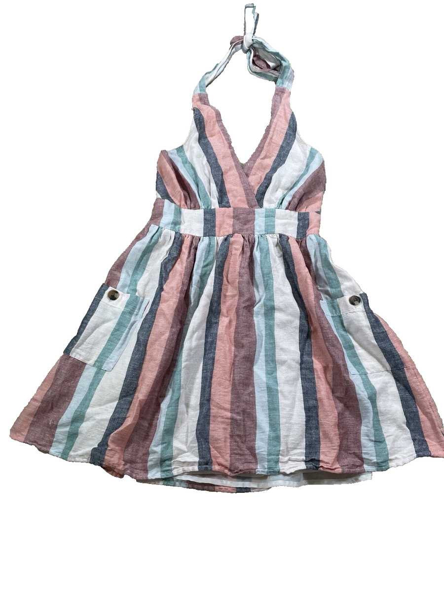 American Eagle Women's Halter Striped Dress Size Small 35% Linen- front pockets
