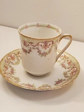 Antique Pouyat PL Limoges France Demitasse Cup & Saucer-gorgeous rose swag!
