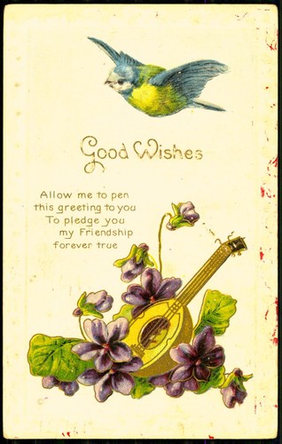 Vogel Motiv 1912 Musikinstrument Blumen Alte Postkarte Ak No.15