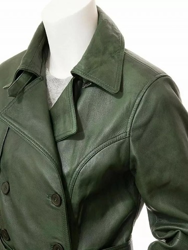 Women's Real Lambskin Leather Trench Coat GreenDouble Breasted Winter Wear Coat - Picture 2 of 10