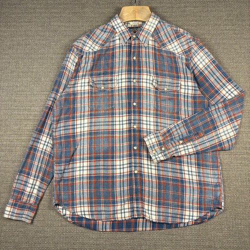 Lucky Brand Men's Shirt XL Long Sleeve Flannel Plaid Red White Blue Pearl Snap