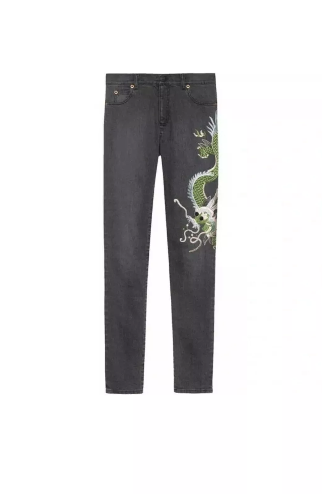 Neuf avec étiquettes jean en denim maigre brodé dragon brodé noir lavé taille 25