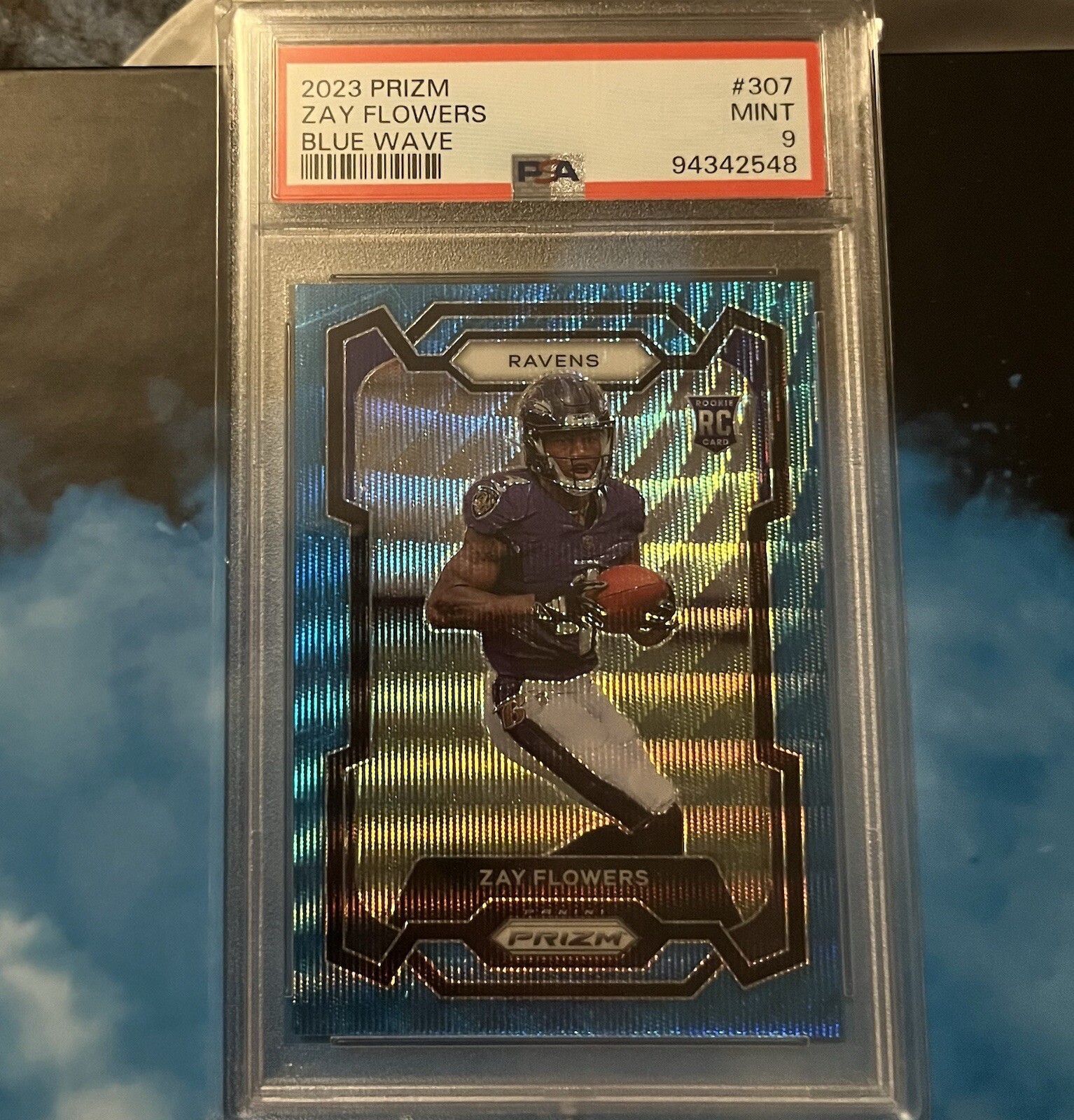 2023 Panini Prizm Football Zay Flowers Blue Wave /199 Rookie Card #307 PSA 9