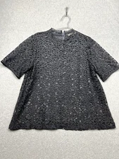 LOFT Womens Petites L Lace High-Neck Blouse Short Sleeve Victorian Romantic