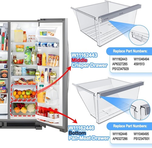 2 PACK W11162443 Refrigerator Crisper Drawer Fits Whirlpool WRS325SDHZ New - Picture 5 of 7
