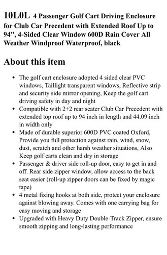 10L0L 4 Passenger Golf Cart Driving Enclosure for Club Car Precedent with Extend - Picture 7 of 7