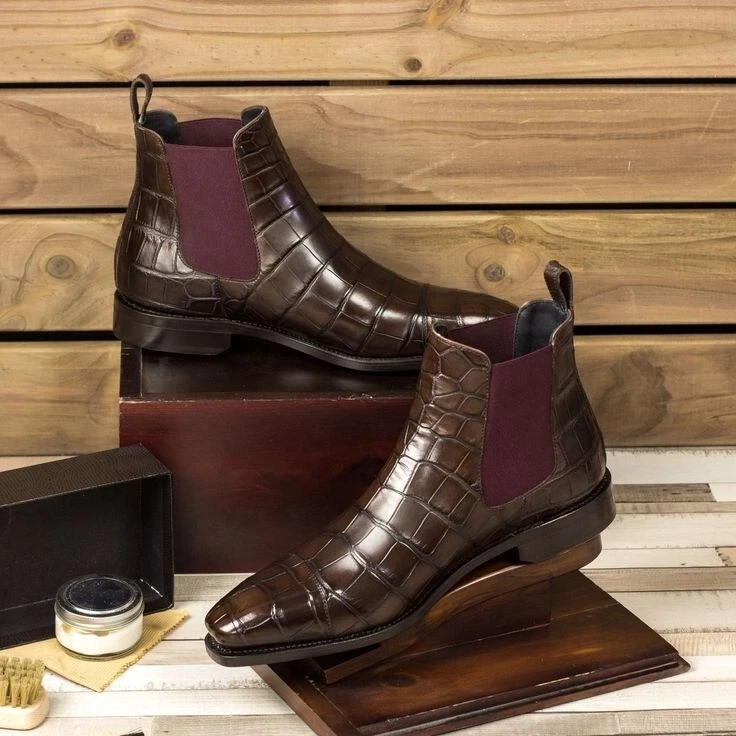 Men's Leather Chelsea Boots Handmade Dark Brown Crocodile Pattern Formal Shoes