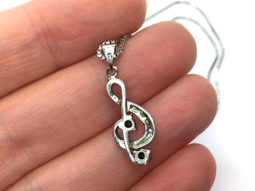 Sterling Silver Music Symbol Lab-created CZ  Necklace Pendant 925 Box Chain 16" - Bild 6 von 6