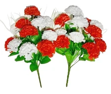 (2 pcs) Red & White Carnation 18" Bush Faux Silk Flower Memorial In/Outdoor