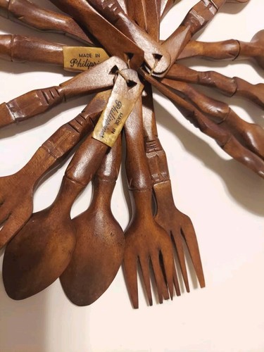 19 Pc Set Vtg Wood Carved Folk Art 5" Forks And Spoons Made In The Philippines - Picture 6 of 8
