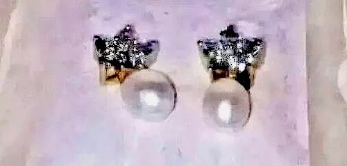 10k yellow gold genuine blue Topaz flowers Drop Pearls new fine Earrings Dia acc - Picture 8 of 12