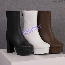 Womens Platform High Block Heel Zip Party Round Toe Ankle Boots Shoes Oversize