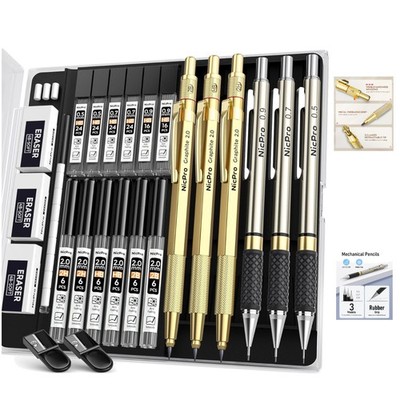 Ergonomic Gold Drafting Pencil Set - Includes 6 Pencils & Refills 0.5 - 2mm