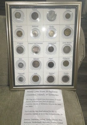 World Coins Set From 20 Different Countries- In Framed Display