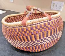 Vintage Handmade African Market Basket Brown Leather Handles 16" diameter