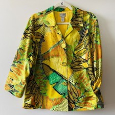 Chico  s Womens Yellow Sequined Detailing Tropical Leaf Print Jacket Size 2 US L