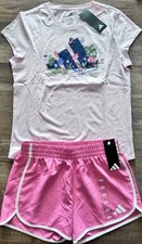 NWT adidas YXL Girls Pink/Navy/White Flowers Logo Shorts Set XL