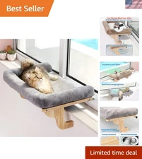 Sturdy Cat Perch with Bolster - No Drilling Required, Natural Wood & Gray Bed