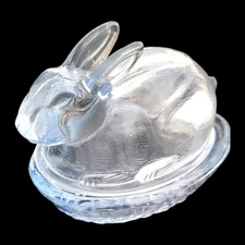 Vintage Clear Glass Rabbit On Nest Salt Cellar 5"