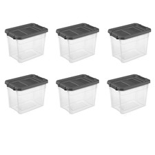 Sterilite 30 Qt Clear Stackable Storage Bin with Latch Lid, Dark Gray, 6 Pack