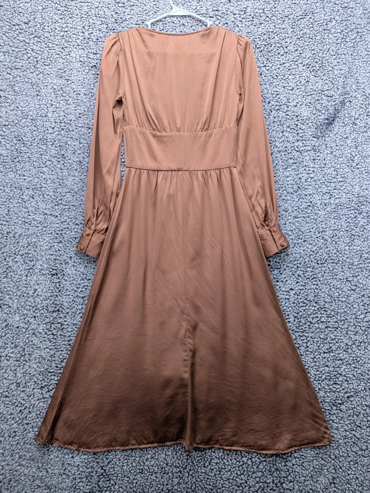 Vestido de Seda Reformation Nicola Talla 0 Manga Larga Cuello en V Midi Campesino Praliné G2U Foto 3 de 4