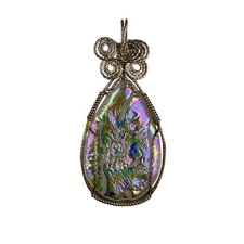 Wire Wrapped Iridescent Pendant Silver Tone Handmade Jewelry Metal & Glass