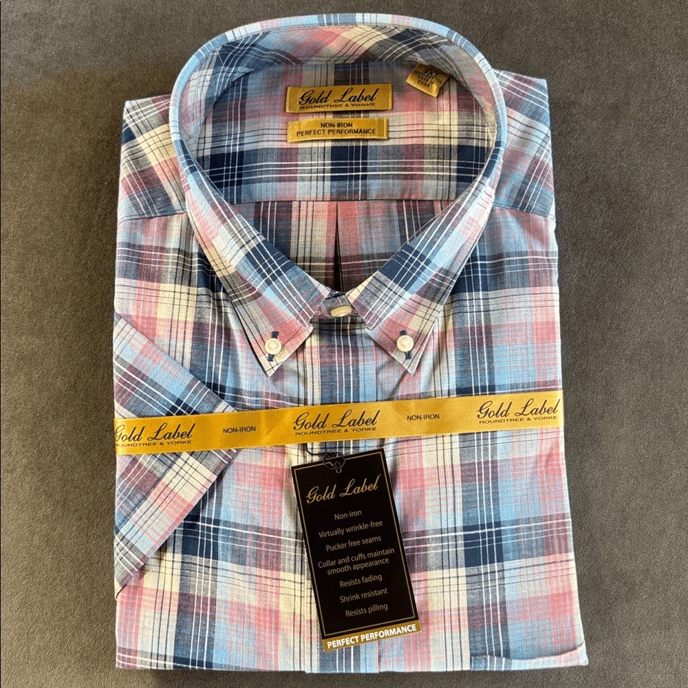 gold label big and tall dress shirts Gold Label Roundtree & Yorke Big & Tall Denton Fitted Non-Iron Point Collar Checked Pinpoint Dress Shirt