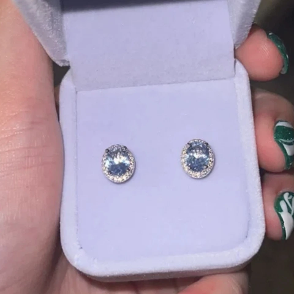 Womens Aquamarine & Diamond Halo Stud Earring 925 Sterling Silver Gift For Her - Image 3 of 4