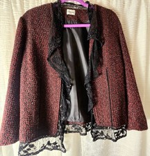 Chico's Women's Red/Black Metallic Tweed Blazer Black/Beaded Lace Trim Size 1