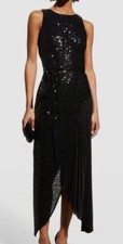 595 Badgley Mischka Women's Black Pleated Asymmetric Sequin A-Line Dress Size 2