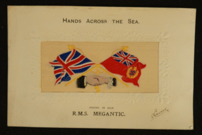 1914 Hands Across The Sea R.M.S. Megantic Steamship Postcard Woven in Silk