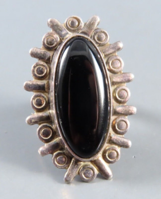 CII MEXIKO Sterlingsilber Ring GROß SCHWARZ ONYX Sonnenstrahlenfassung LÄNGLICH Gr. 7