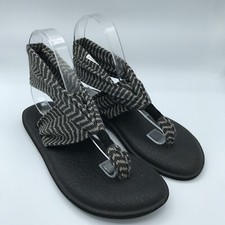 Women's Sanuk Yoga Mat Sling 2 Black White Flip Flops Sandals SWS10535 Sz 7