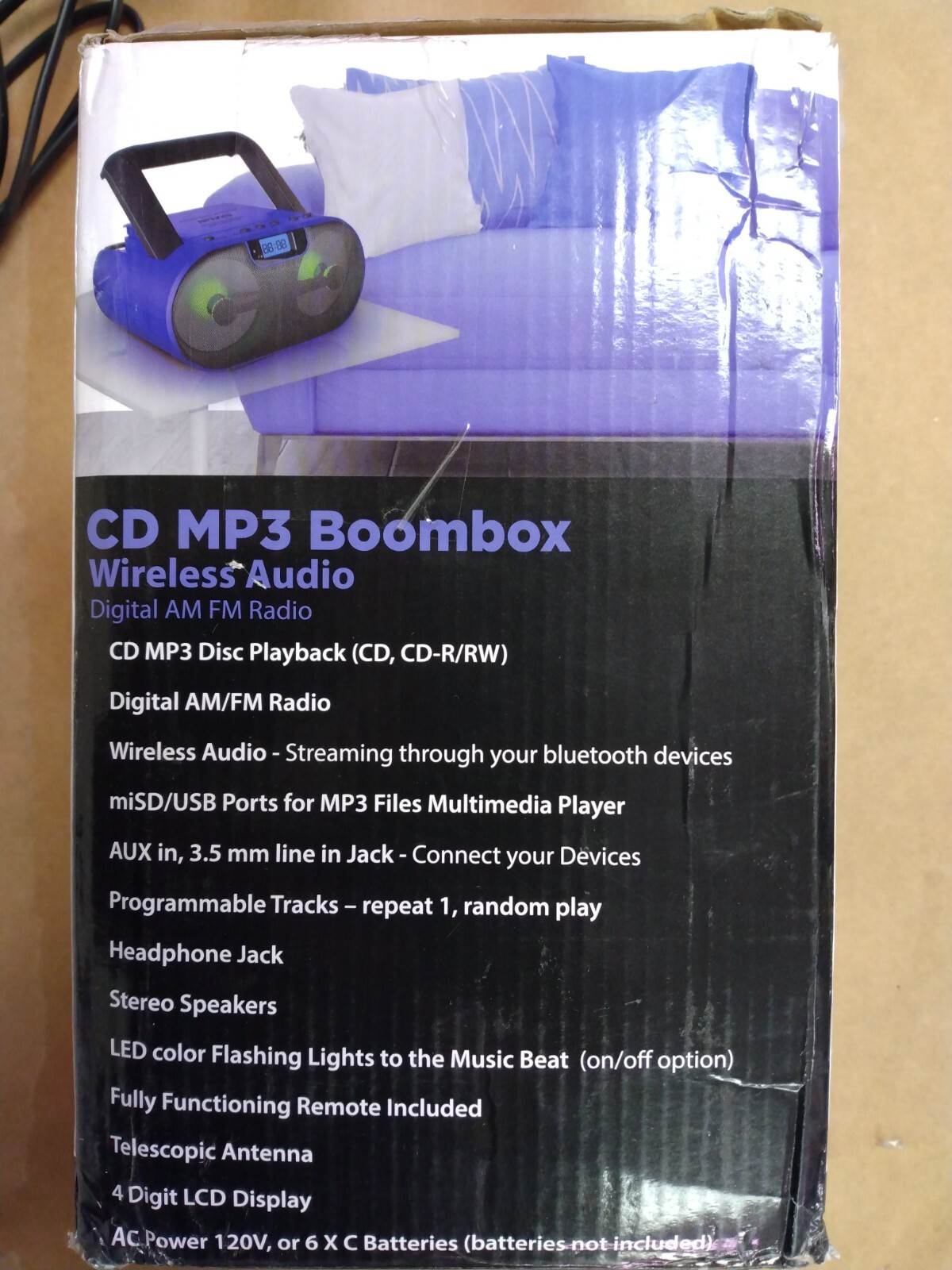 Riptunes CD Player Boombox Portable AM/FM Bluetooth Boombox MP3/CD USB, Blue