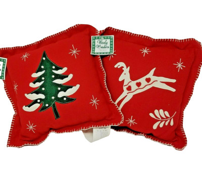 Christmas Throw Pillows, Holiday Wool Appliques - Tree & Reindeer, LOT/2