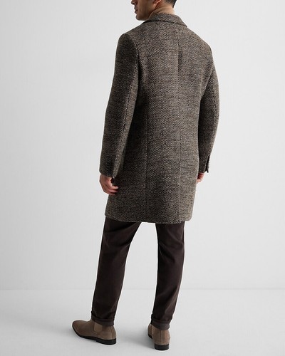 NEW EXPRESS $348 BROWN PRINT HERRINGBONE WOOL BLEND TOPCOAT COAT SZ L LARGE - Picture 5 of 6