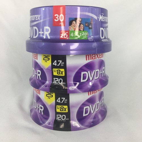 New MAXELL DVD+R 4.7 GB 16X 120 Min Media Disks 25 Count X2 + 30 Memorex 80 Dvds